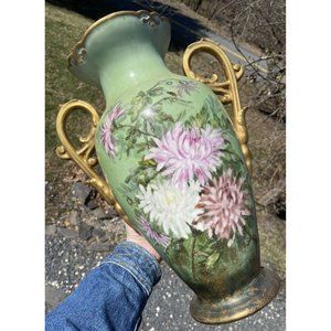 LARGE 15.5" Antique Continental Porcelain Hand Painted Gilt Handled Vase